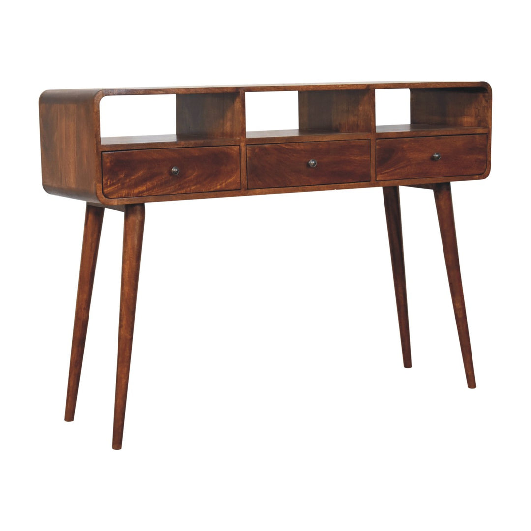 Solid Wood Triple Curved Chestnut Console Table, 3-Drawers, 3 Open Slots, Nordic Legs, Brown