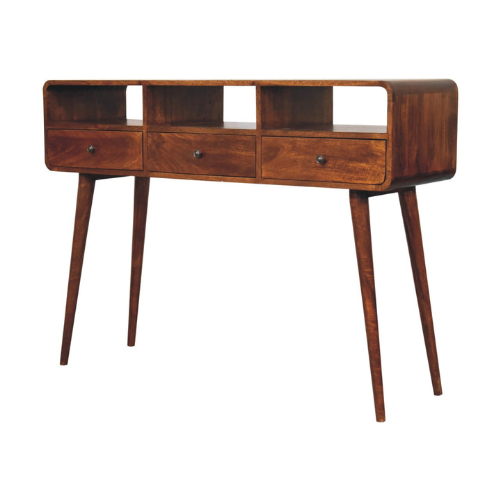 Solid Wood Triple Curved Chestnut Console Table, 3-Drawers, 3 Open Slots, Nordic Legs, Brown