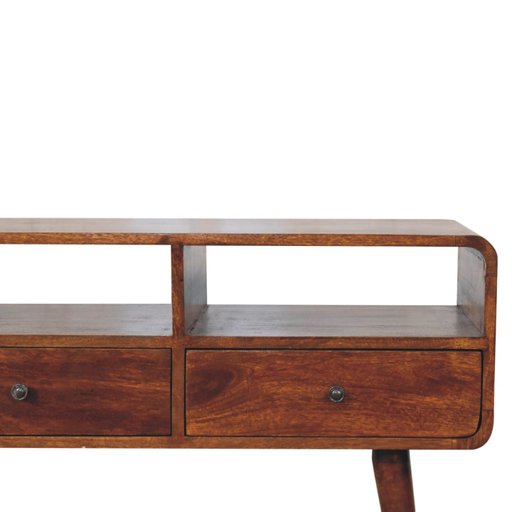 Solid Wood Triple Curved Chestnut Console Table, 3-Drawers, 3 Open Slots, Nordic Legs, Brown
