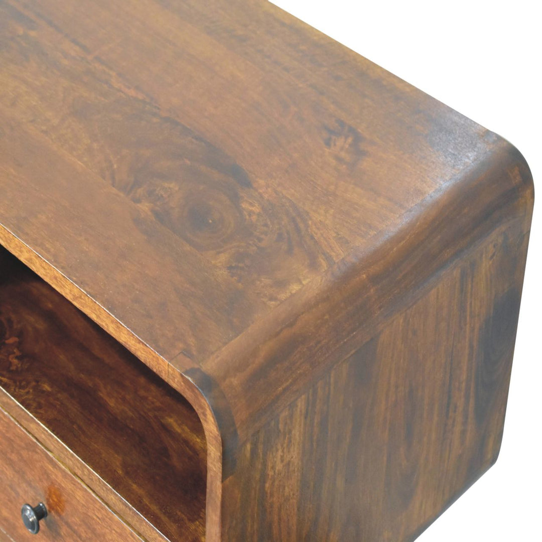 Solid Wood Triple Curved Chestnut Console Table, 3-Drawers, 3 Open Slots, Nordic Legs, Brown