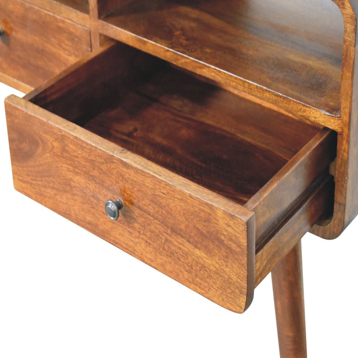 Solid Wood Triple Curved Chestnut Console Table, 3-Drawers, 3 Open Slots, Nordic Legs, Brown