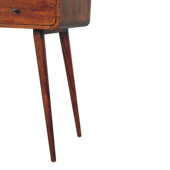 Solid Wood Triple Curved Chestnut Console Table, 3-Drawers, 3 Open Slots, Nordic Legs, Brown