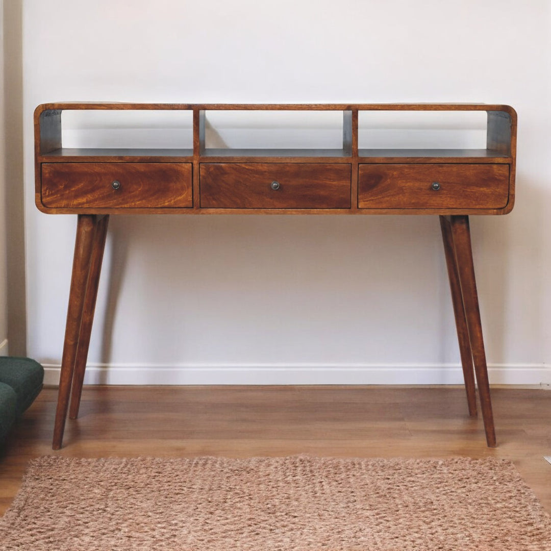 Solid Wood Triple Curved Chestnut Console Table, 3-Drawers, 3 Open Slots, Nordic Legs, Brown