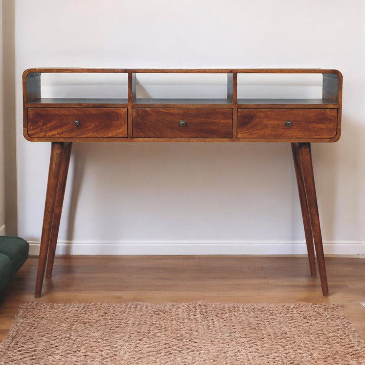 Solid Wood Triple Curved Chestnut Console Table, 3-Drawers, 3 Open Slots, Nordic Legs, Brown
