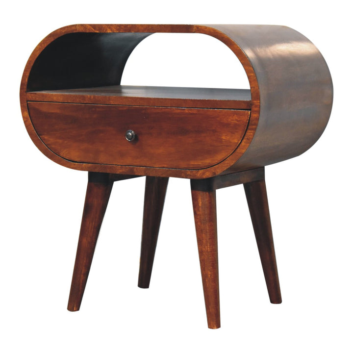 Solid Wood Large Circular Bedside, 1-Drawer, 1 Open Slot, Chestnut, Brown