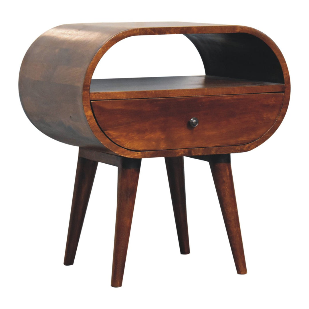Solid Wood Large Circular Bedside, 1-Drawer, 1 Open Slot, Chestnut, Brown