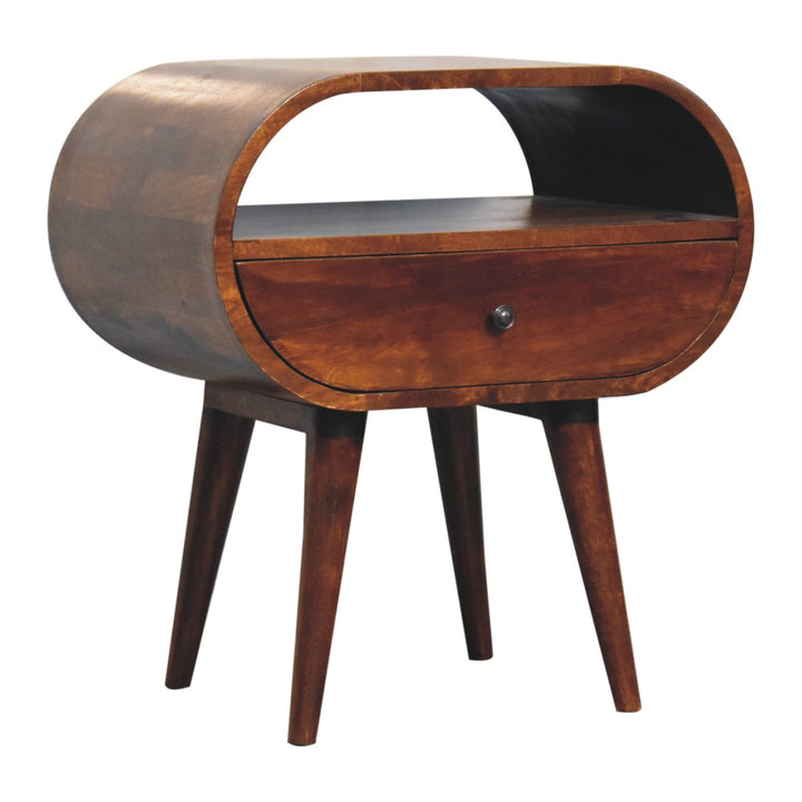 Solid Wood Large Circular Bedside, 1-Drawer, 1 Open Slot, Chestnut, Brown
