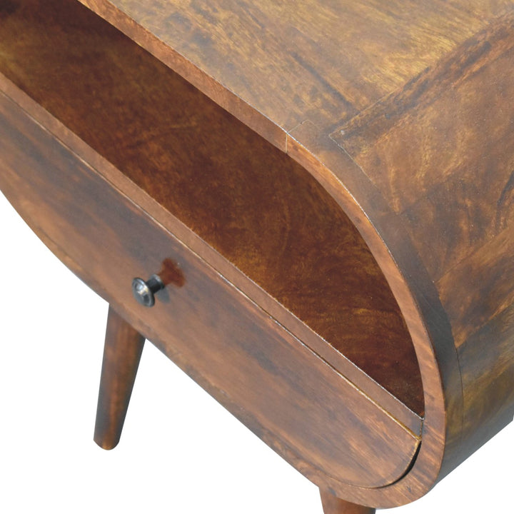 Solid Wood Large Circular Bedside, 1-Drawer, 1 Open Slot, Chestnut, Brown
