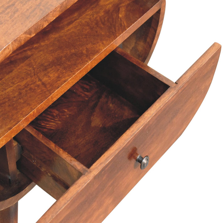 Solid Wood Large Circular Bedside, 1-Drawer, 1 Open Slot, Chestnut, Brown