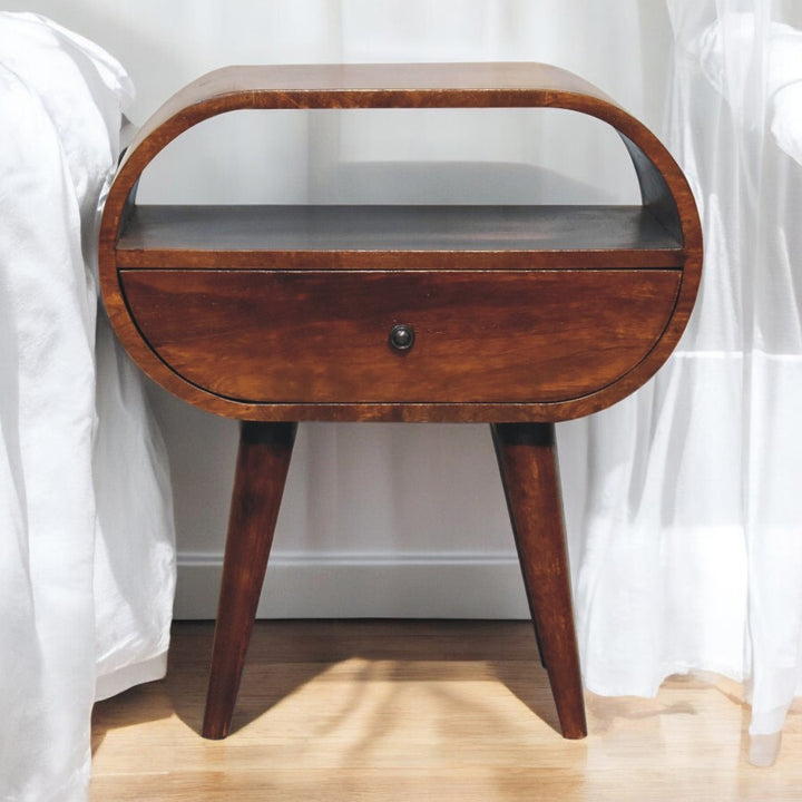 Solid Wood Large Circular Bedside, 1-Drawer, 1 Open Slot, Chestnut, Brown