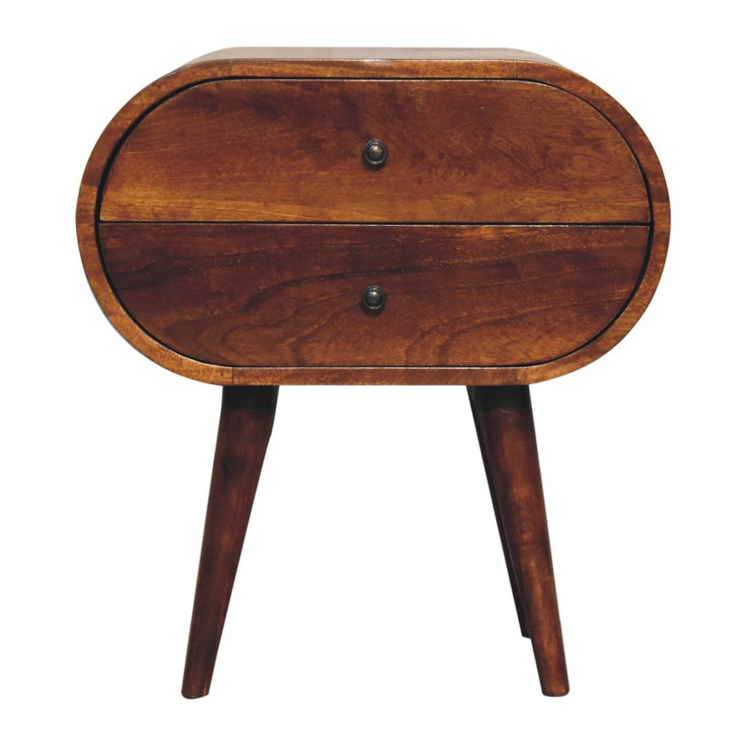 Solid Wood Large Chestnut Circular Bedside, 2-Drawers, Nordic Legs, Dark Brown