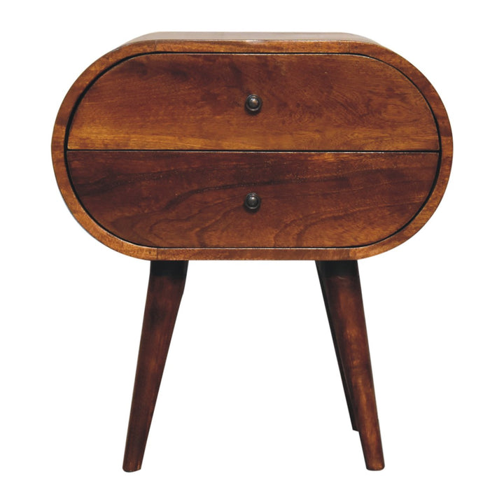 Solid Wood Large Chestnut Circular Bedside, 2-Drawers, Nordic Legs, Dark Brown