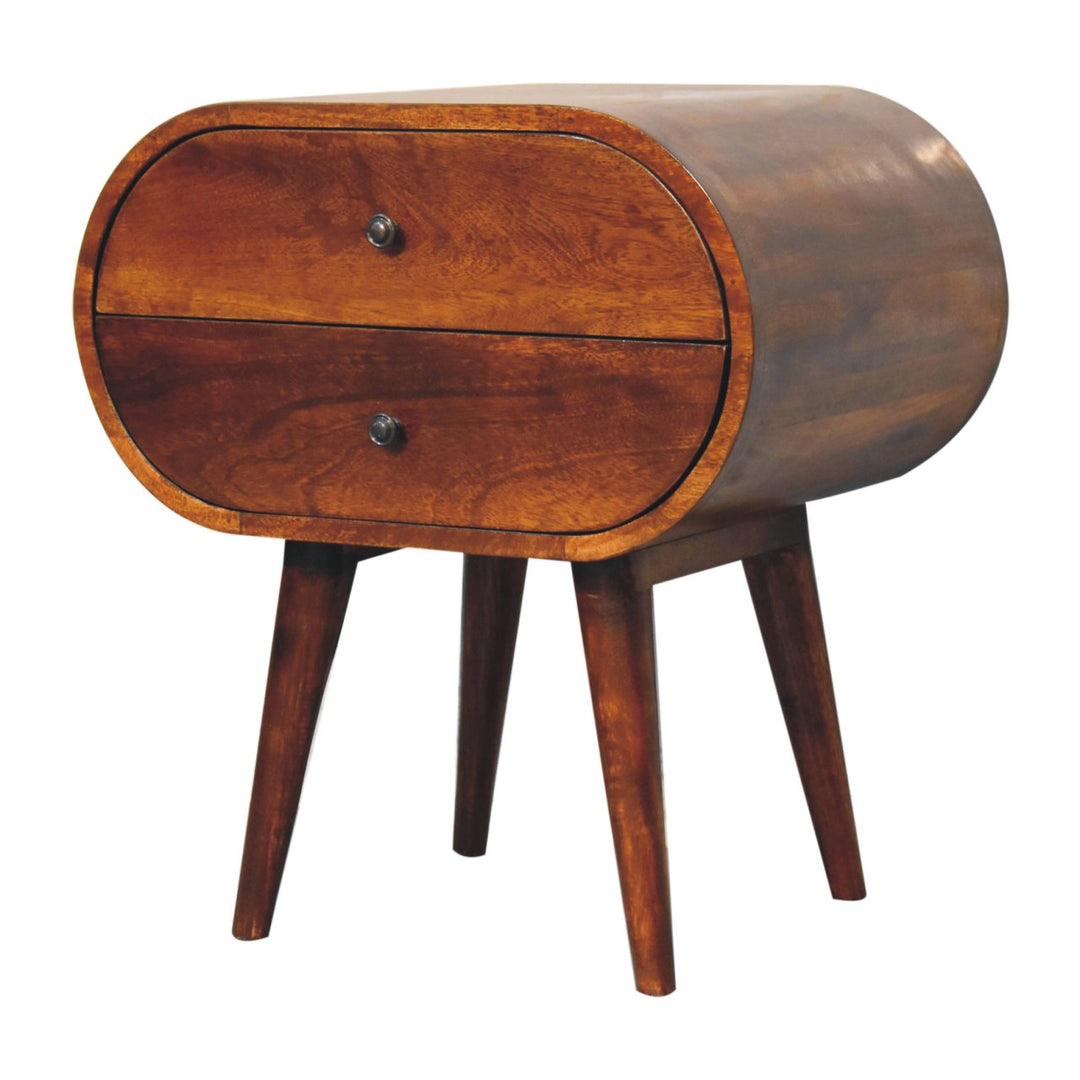Solid Wood Large Chestnut Circular Bedside, 2-Drawers, Nordic Legs, Dark Brown