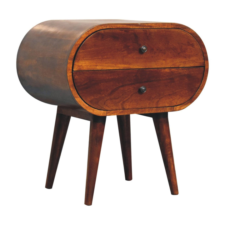 Solid Wood Large Chestnut Circular Bedside, 2-Drawers, Nordic Legs, Dark Brown