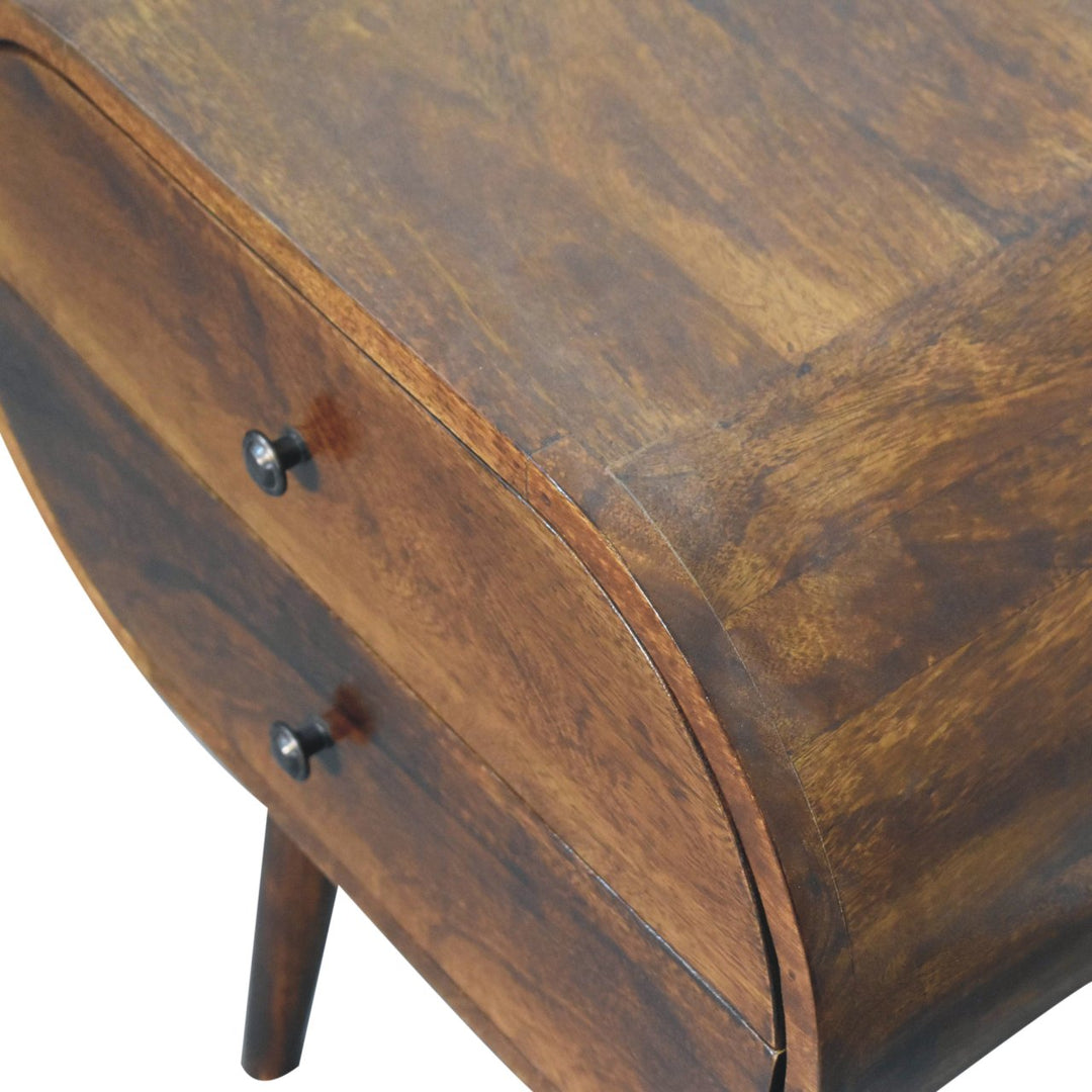 Solid Wood Large Chestnut Circular Bedside, 2-Drawers, Nordic Legs, Dark Brown
