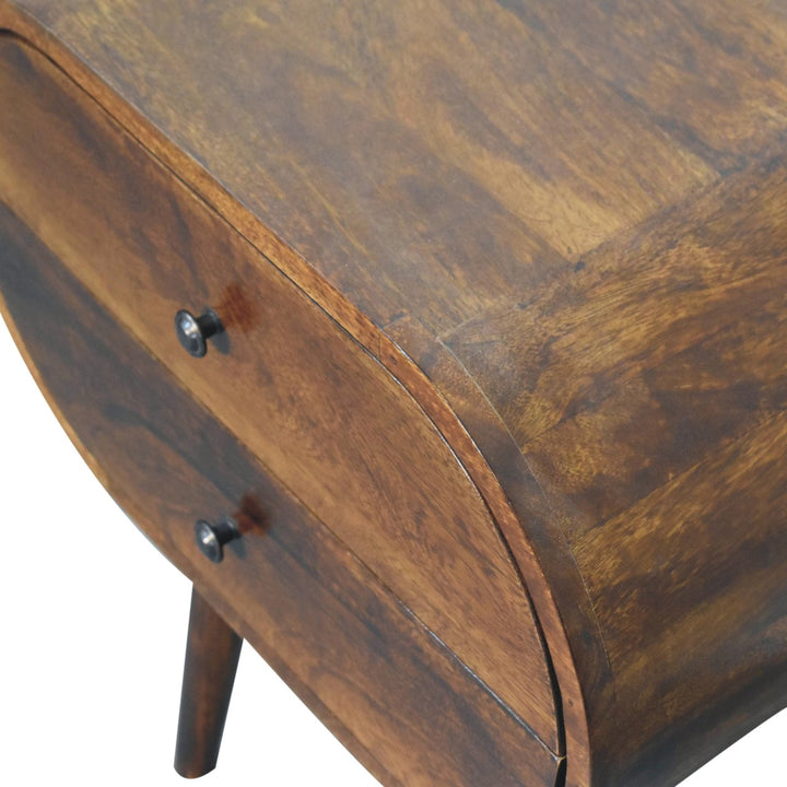 Solid Wood Large Chestnut Circular Bedside, 2-Drawers, Nordic Legs, Dark Brown