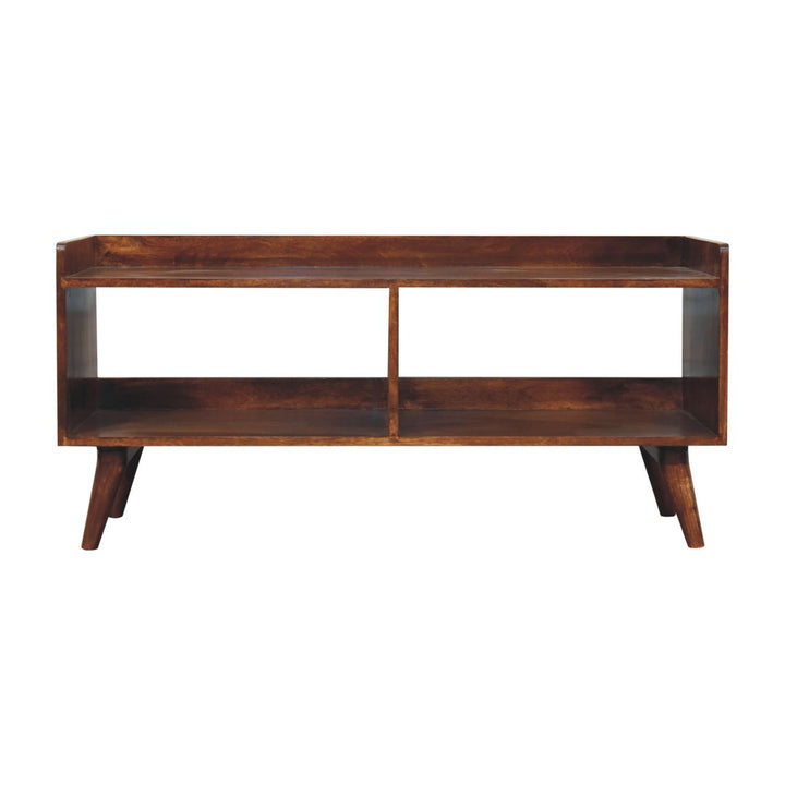 Solid Wood Open-top Chestnut Media Unit, 2 Open Shelves, Nordic Legs, Dark Brown