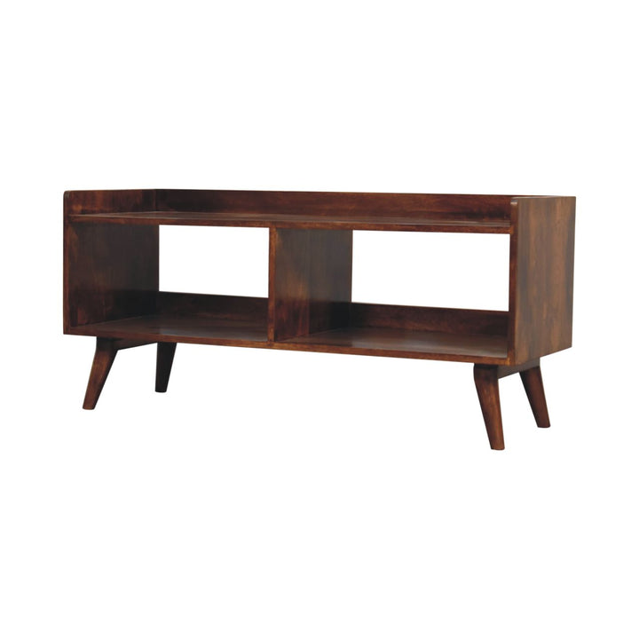 Solid Wood Open-top Chestnut Media Unit, 2 Open Shelves, Nordic Legs, Dark Brown
