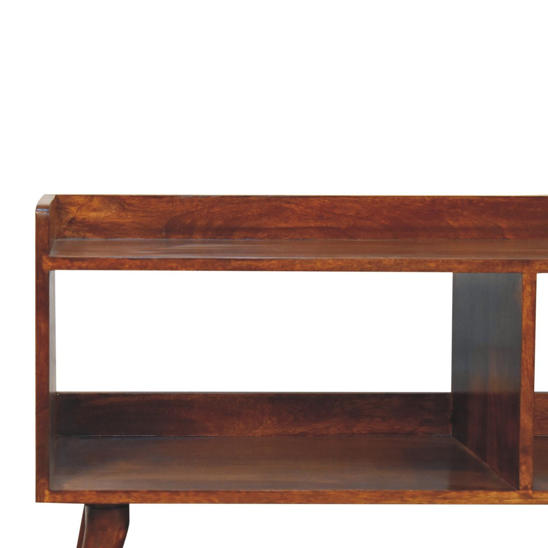 Solid Wood Open-top Chestnut Media Unit, 2 Open Shelves, Nordic Legs, Dark Brown