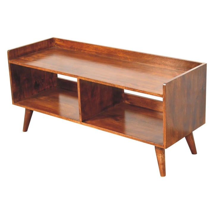 Solid Wood Open-top Chestnut Media Unit, 2 Open Shelves, Nordic Legs, Dark Brown