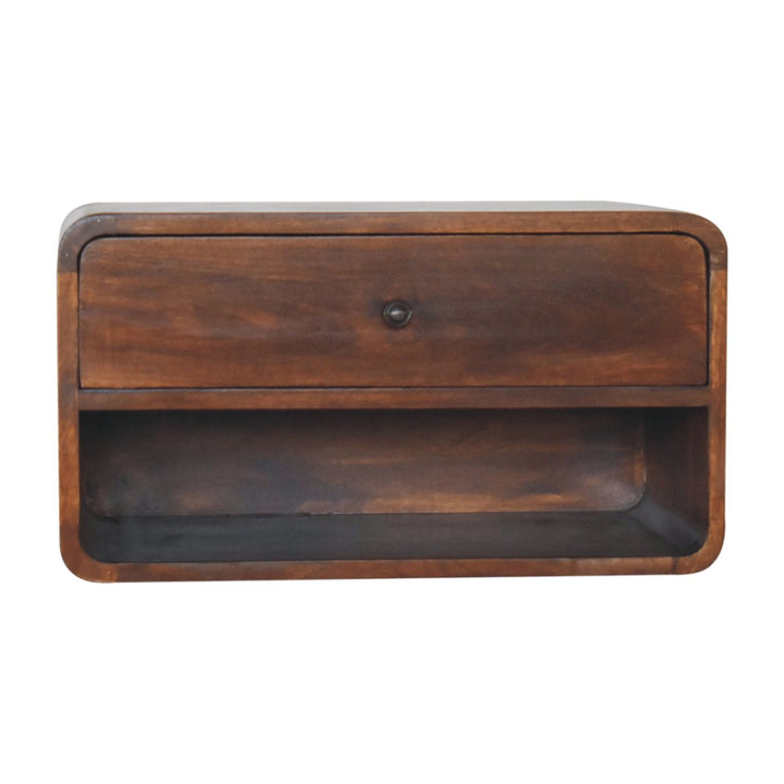 Solid Wood Large Curve Floating Bedside, 1-Drawer, 1 Open Slot, Chestnut, Dark Brown