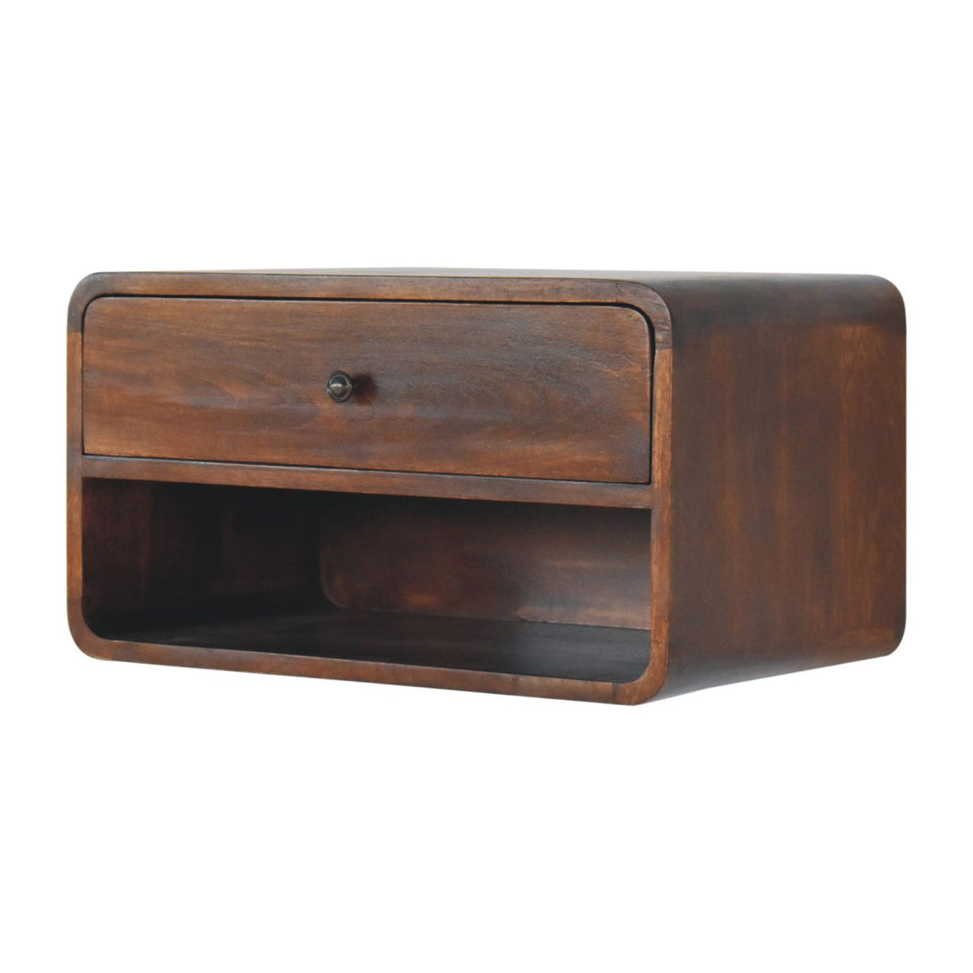 Solid Wood Large Curve Floating Bedside, 1-Drawer, 1 Open Slot, Chestnut, Dark Brown