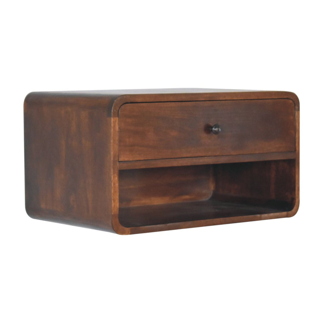 Solid Wood Large Curve Floating Bedside, 1-Drawer, 1 Open Slot, Chestnut, Dark Brown