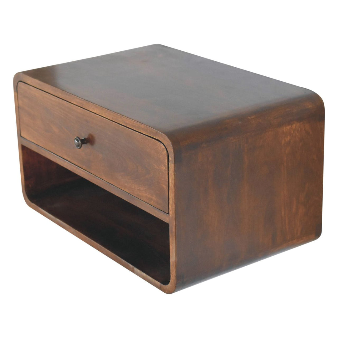 Solid Wood Large Curve Floating Bedside, 1-Drawer, 1 Open Slot, Chestnut, Dark Brown