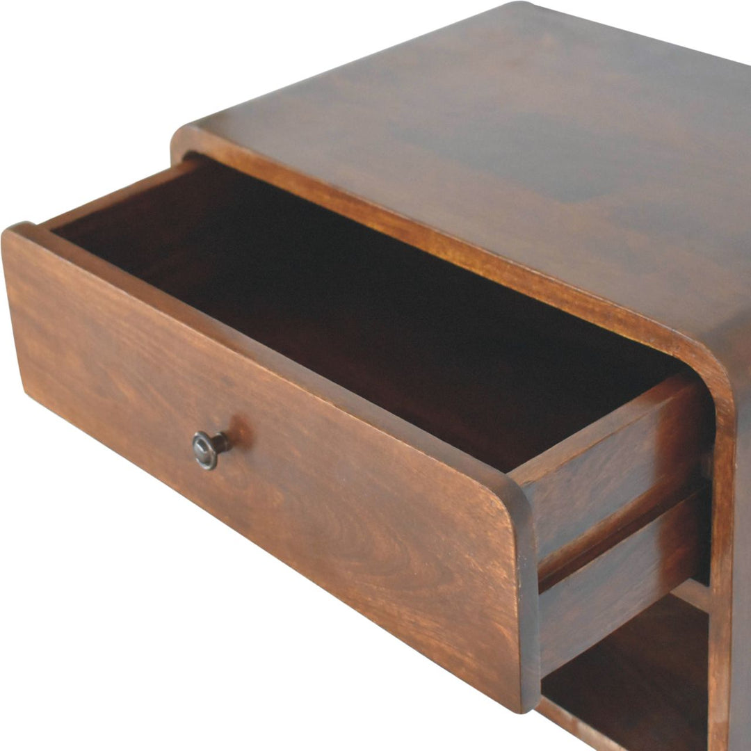 Solid Wood Large Curve Floating Bedside, 1-Drawer, 1 Open Slot, Chestnut, Dark Brown