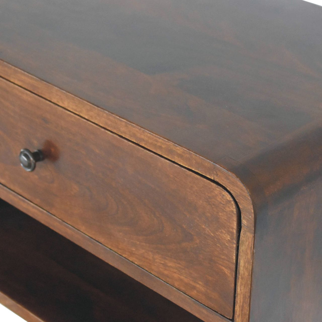 Solid Wood Large Curve Floating Bedside, 1-Drawer, 1 Open Slot, Chestnut, Dark Brown
