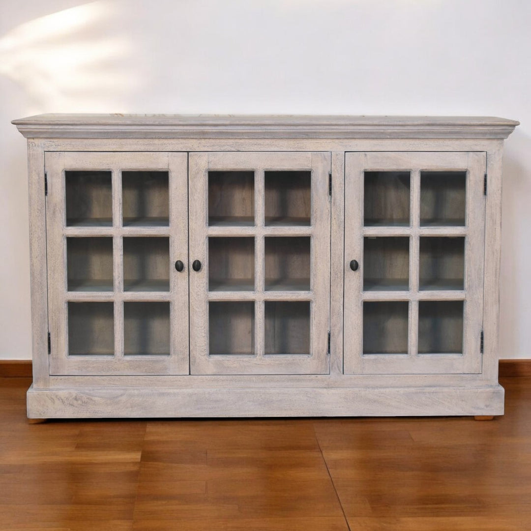 Solid Wood Stone Wash Triple Glazed Cabinet, Beige