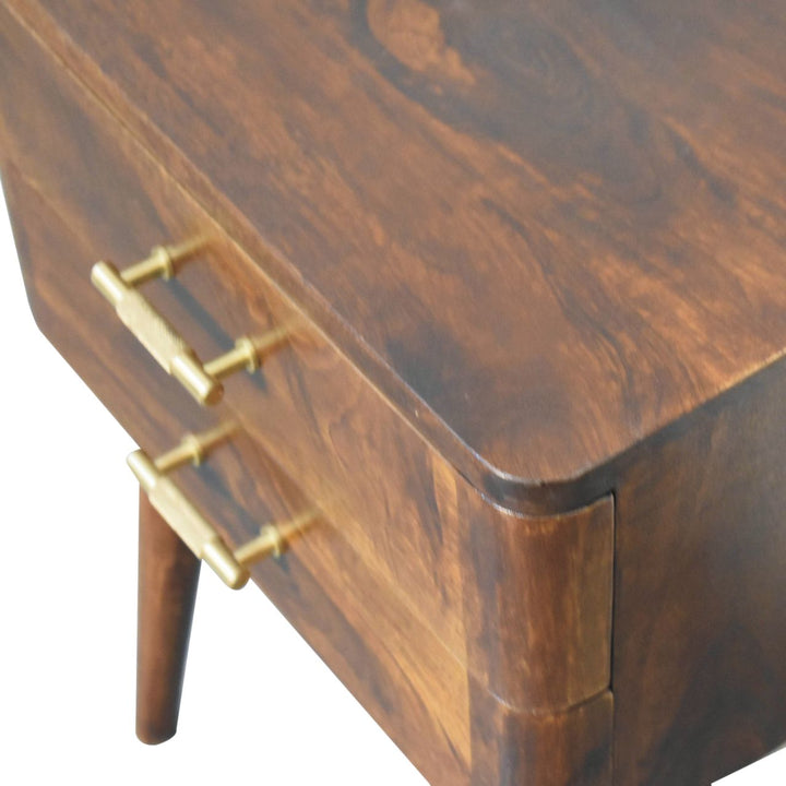 Solid Wood Chestnut T-Bar Nightstand, 2-Drawers, Nordic Legs, Dark Brown