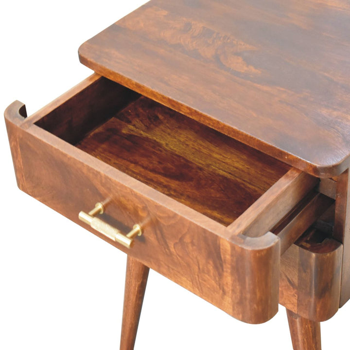Solid Wood Chestnut T-Bar Nightstand, 2-Drawers, Nordic Legs, Dark Brown