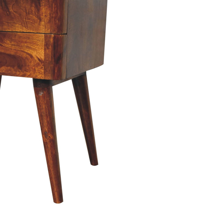 Solid Wood Chestnut T-Bar Nightstand, 2-Drawers, Nordic Legs, Dark Brown