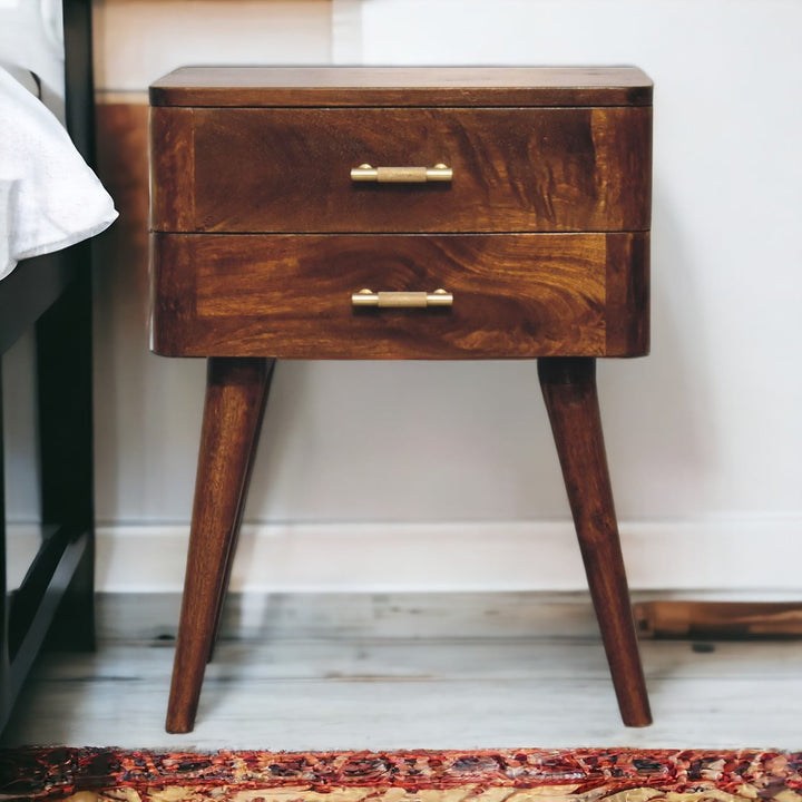 Solid Wood Chestnut T-Bar Nightstand, 2-Drawers, Nordic Legs, Dark Brown