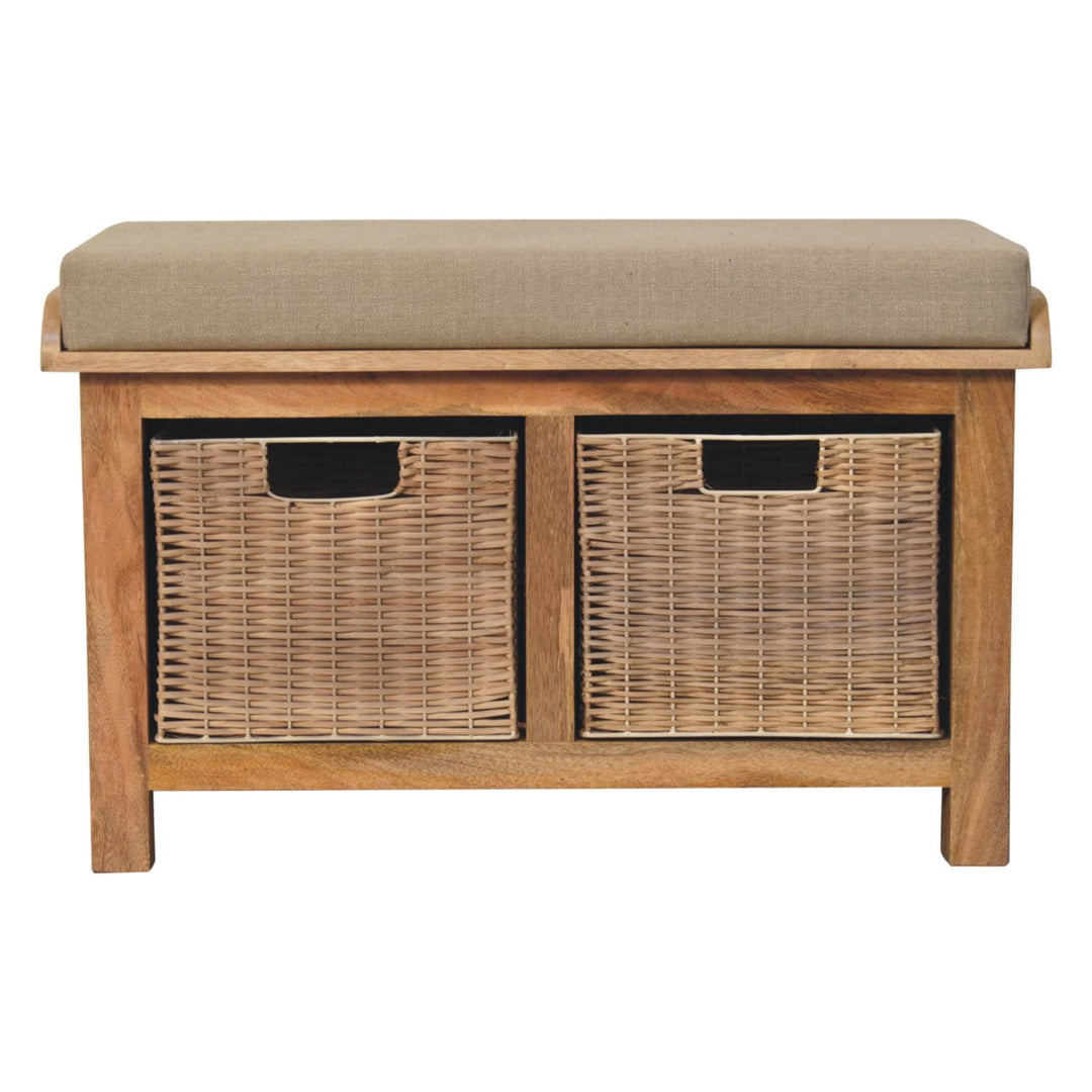 Solid Wood Rattan Basket Linen Upholstered Bench, Grey and Brown
