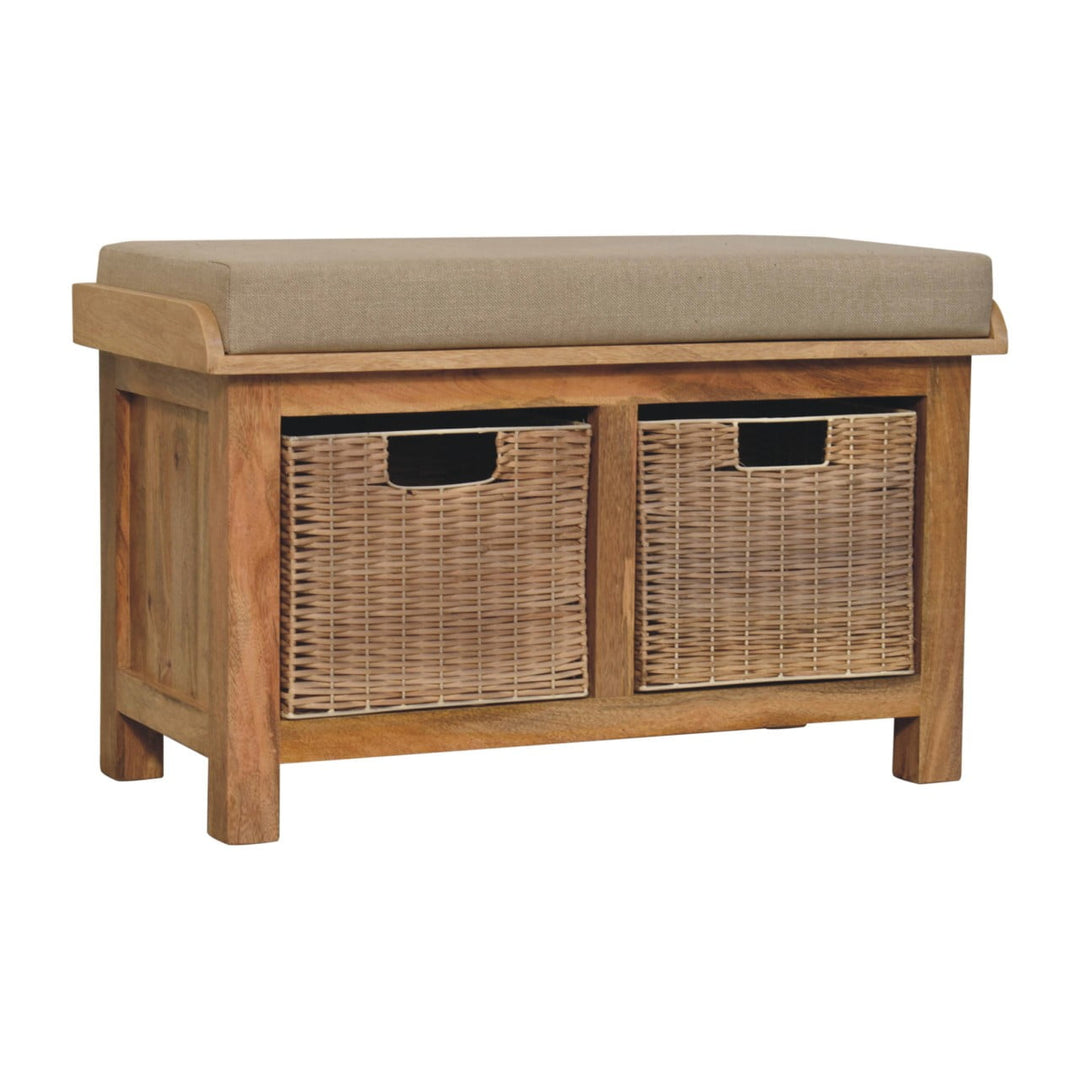 Solid Wood Rattan Basket Linen Upholstered Bench, Grey and Brown