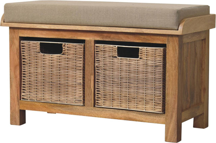 Solid Wood Rattan Basket Linen Upholstered Bench, Grey and Brown