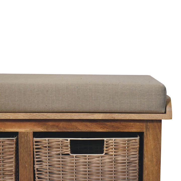 Solid Wood Rattan Basket Linen Upholstered Bench, Grey and Brown