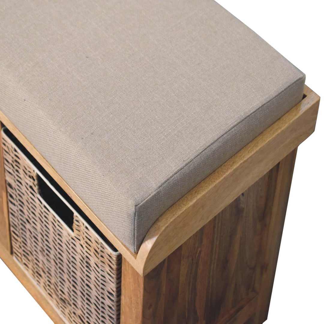 Solid Wood Rattan Basket Linen Upholstered Bench, Grey and Brown