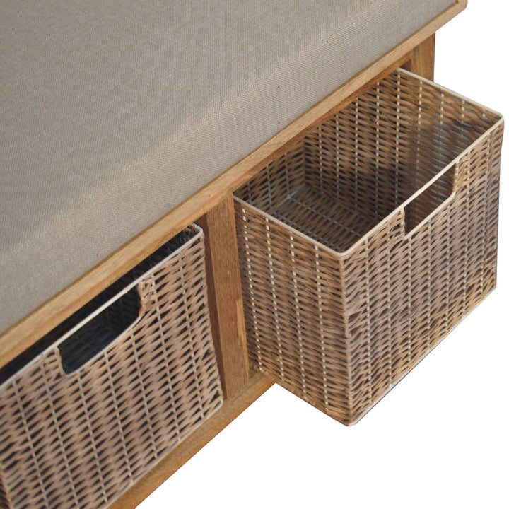 Solid Wood Rattan Basket Linen Upholstered Bench, Grey and Brown