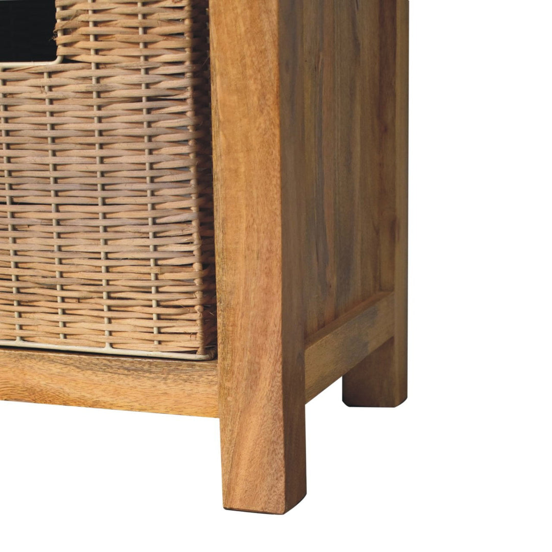 Solid Wood Rattan Basket Linen Upholstered Bench, Grey and Brown