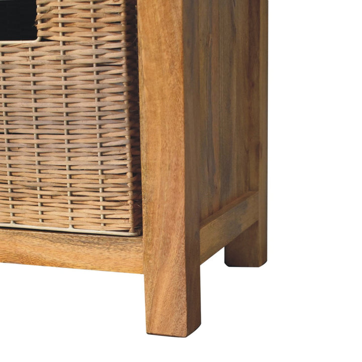 Solid Wood Rattan Basket Linen Upholstered Bench, Grey and Brown
