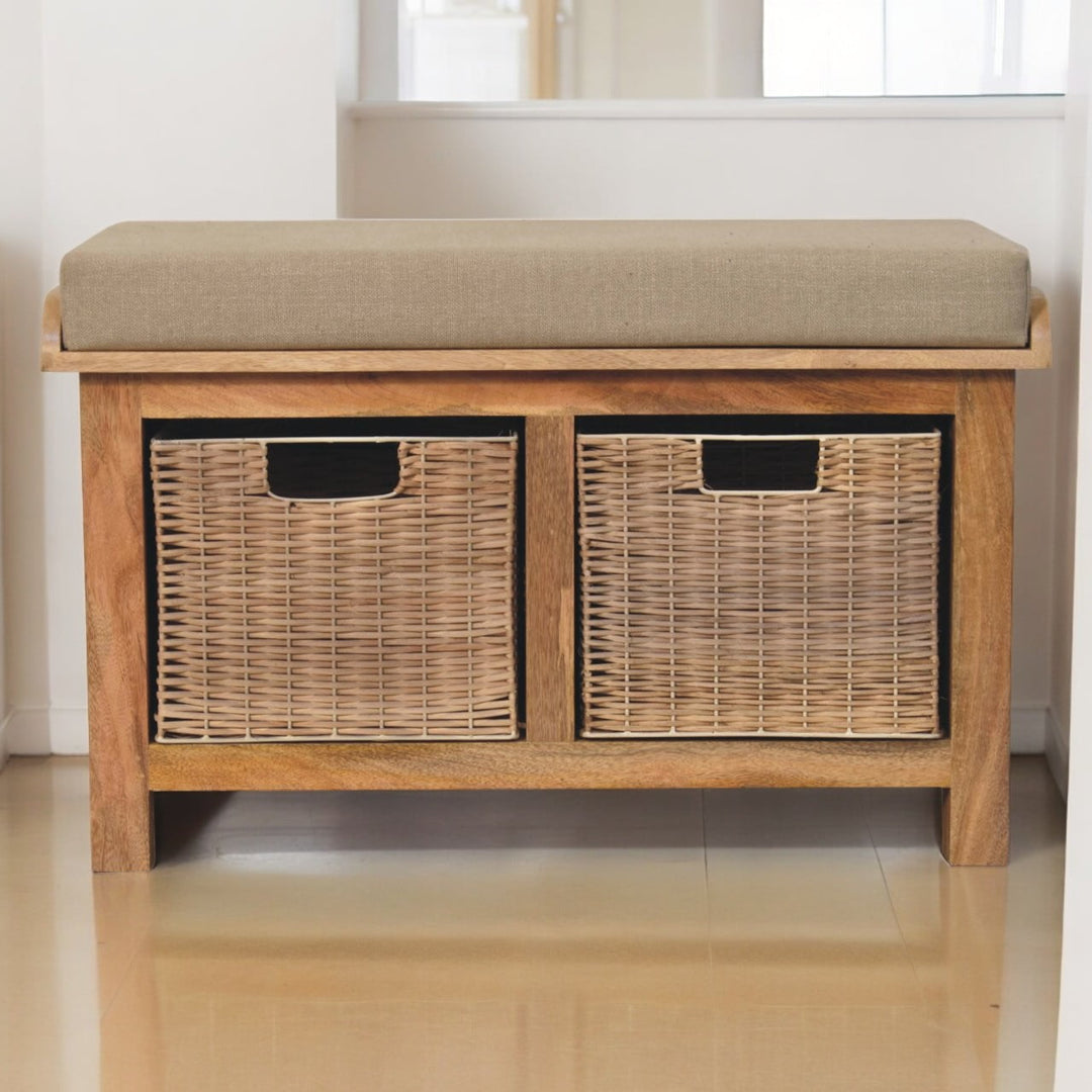 Solid Wood Rattan Basket Linen Upholstered Bench, Grey and Brown