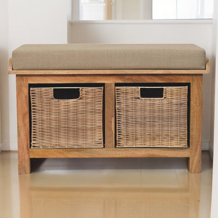 Solid Wood Rattan Basket Linen Upholstered Bench, Grey and Brown