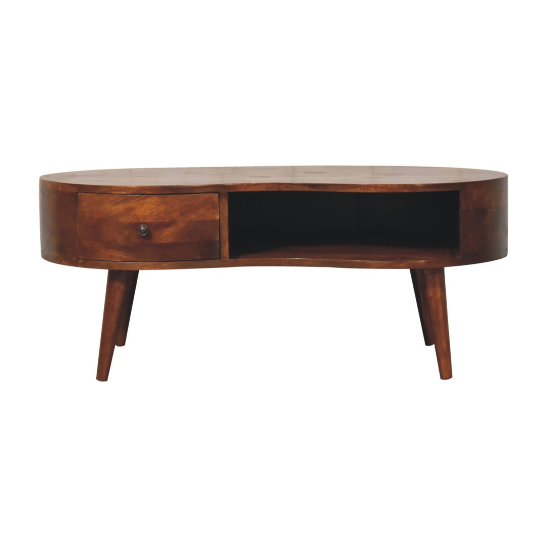 Solid Wood Large Chestnut Wave Coffee Table, 1-Drawer, 1-Open Shelf, Dark Brown