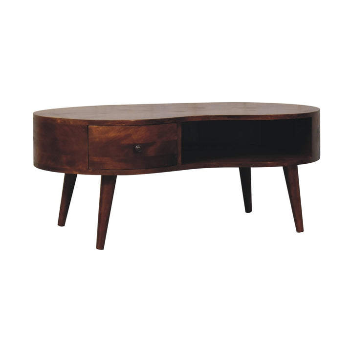 Solid Wood Large Chestnut Wave Coffee Table, 1-Drawer, 1-Open Shelf, Dark Brown