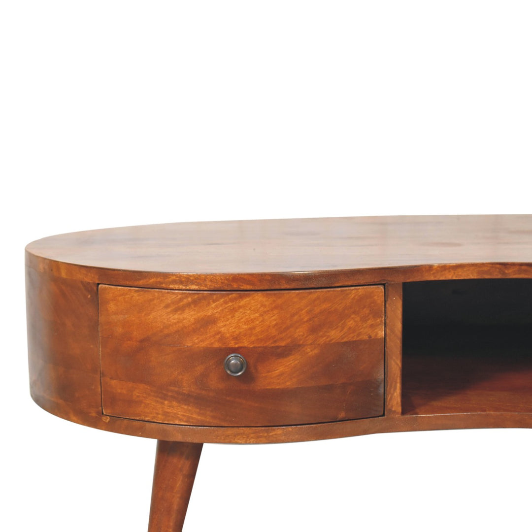 Solid Wood Large Chestnut Wave Coffee Table, 1-Drawer, 1-Open Shelf, Dark Brown