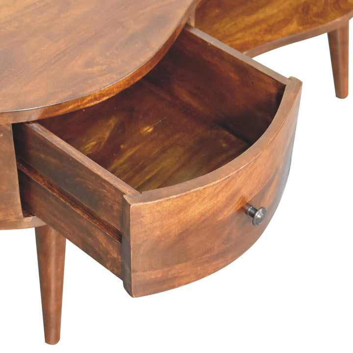 Solid Wood Large Chestnut Wave Coffee Table, 1-Drawer, 1-Open Shelf, Dark Brown