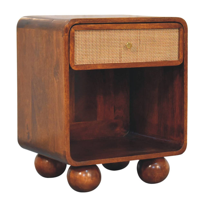 Solid Wood Chestnut Open Woven Bedside, 1-Drawer, Brown